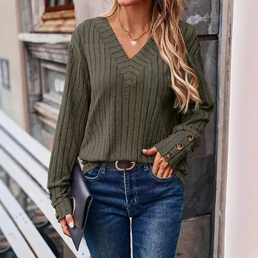 V neck Button Long Sleeved Sweater